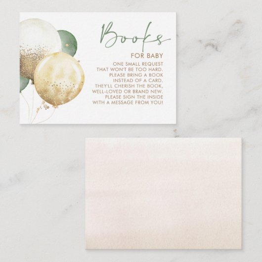 茶色とセージ緑のバルーン赤ちゃんシャワーブック エンクロージャーカード (正面/裏面)