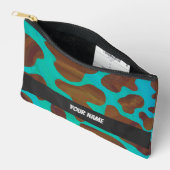 茶色とティール（緑がかった色）の牛のパターン アクセサリーポーチ (見開き)