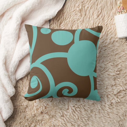 茶色とティール(緑がかった色)の青抽象芸術型枕 クッション (ブランケット)