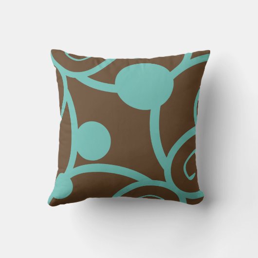 茶色とティール(緑がかった色)の青抽象芸術型枕 クッション (裏面)