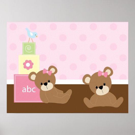 茶色とピンクのクマの子供用壁飾り ポスター (正面)