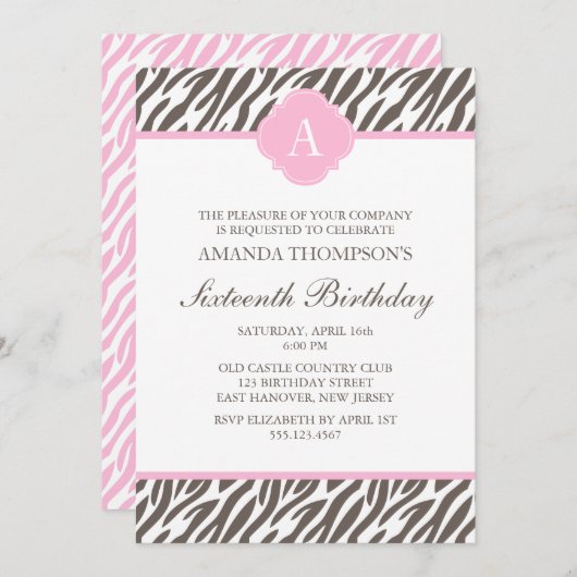 茶色とピンクのゼブラパターンモノグラム 招待状 (正面/裏面)