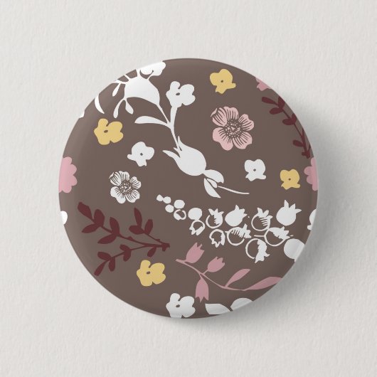 茶色とピンクのヴィンテージロマンチックな花柄 缶バッジ (正面)