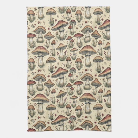 茶色とベージュのキノコの植物模様 キッチンタオル (縦)