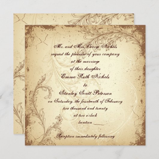 茶色とベージュのスクロール葉のヴィンテージ結婚式 招待状 (正面/裏面)