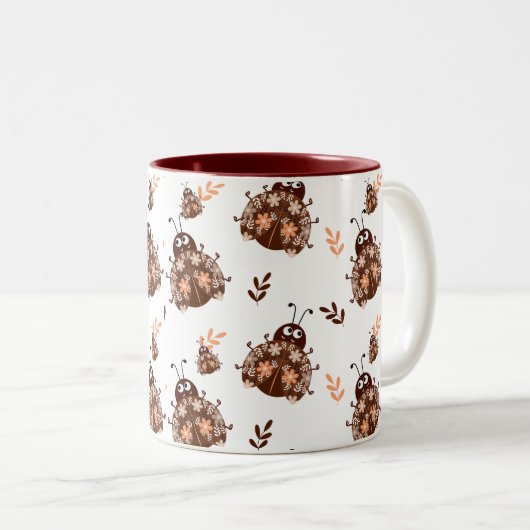 茶色とベージュのテングタケと花柄 ツートーンマグカップ (正面右)