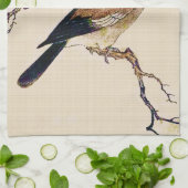 茶色とベージュのフィンチの日本木版画 キッチンタオル (折り畳み)