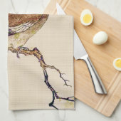 茶色とベージュのフィンチの日本木版画 キッチンタオル (四つ折り)