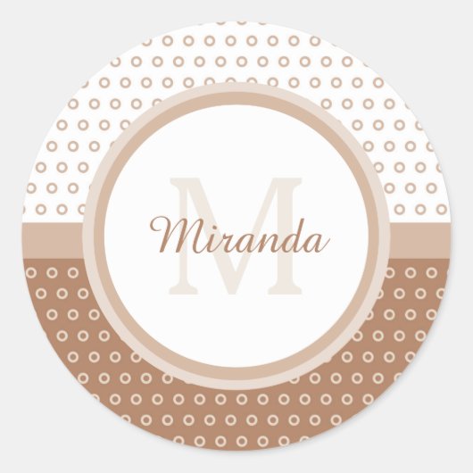 茶色とモダン白の水玉模様モノグラム ラウンドシール (正面)