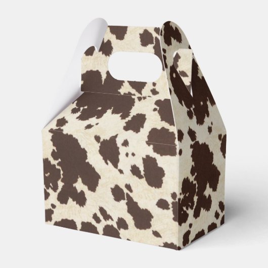 茶色と白のカウプリント切り妻スタイルボックス フェイバーボックス (正面サイド)