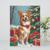 茶色と白のクリスマス犬 フラットグリーティングカード カード (スタンド正面)