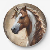 茶色と白のファンタジー・ユニコーンの囁き ペーパープレート (正面)