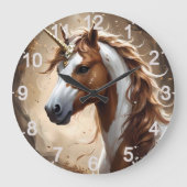 茶色と白のファンタジー・ユニコーンの囁き ラージ壁時計 (正面)