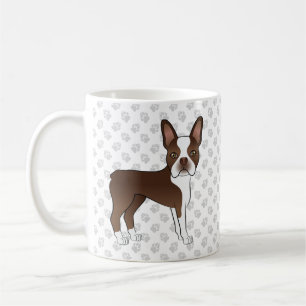 茶色と白のボストンテリアのキャラクターデザインの犬と足跡 コーヒーマグカップ