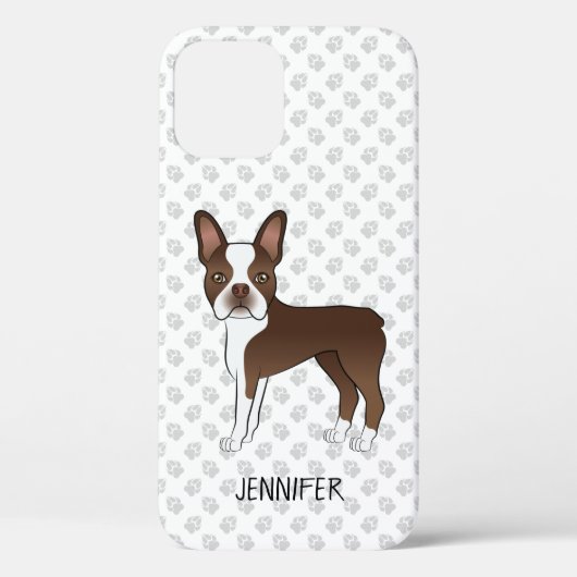 茶色と白のボストンテリアのキャラクターデザインの犬+名前 Case-Mate iPhoneケース (裏面)