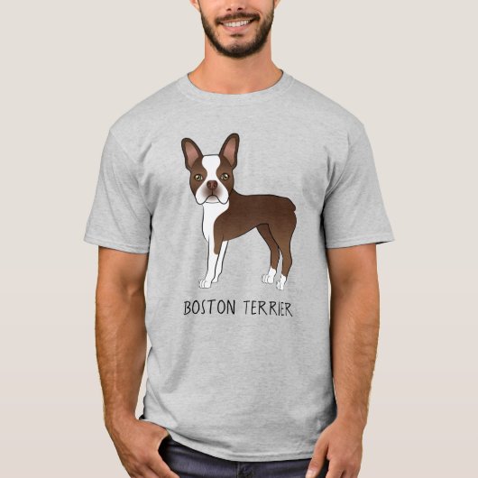 茶色と白のボストンテリア犬とテキスト Tシャツ (正面)