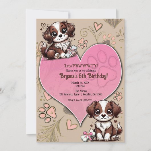 茶色と白の子犬 ピンクのハートの誕生日パーティー 招待状 (正面)
