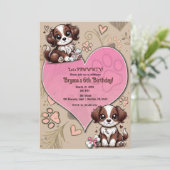 茶色と白の子犬 ピンクのハートの誕生日パーティー 招待状 (スタンド正面)