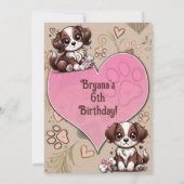 茶色と白の子犬 ピンクのハートの誕生日パーティー 招待状 (裏面)