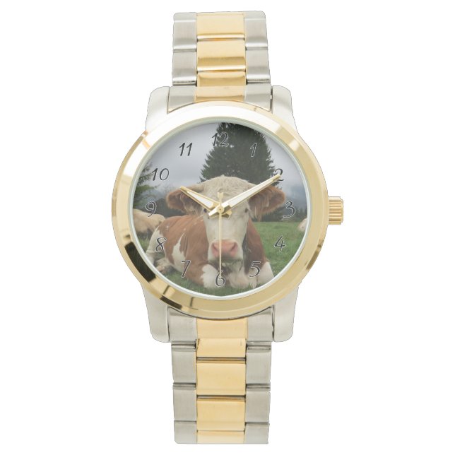茶色と白の牛が倒れるクローズアップ 腕時計 (正面)