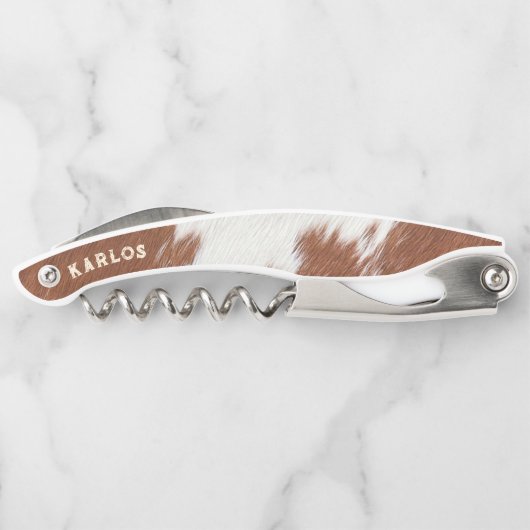 茶色と白の牛革のリアルなテクスチャ ソムリエナイフ (裏面)