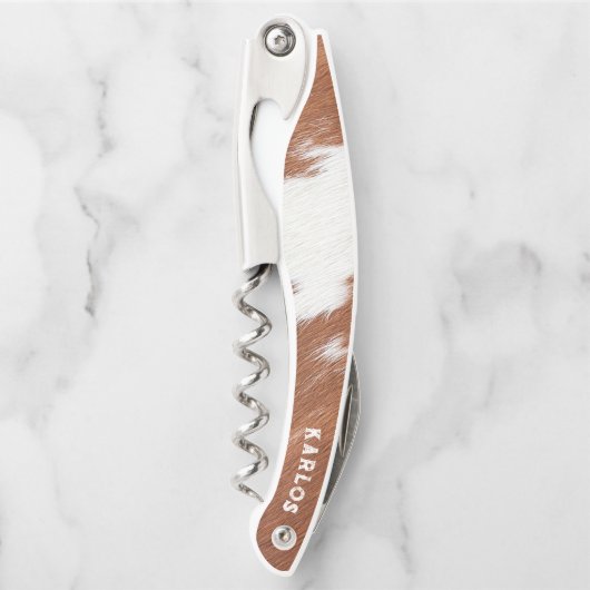 茶色と白の牛革のリアルなテクスチャ ソムリエナイフ (正面)