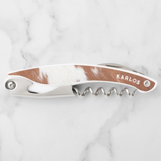 茶色と白の牛革のリアルなテクスチャ ソムリエナイフ (正面)