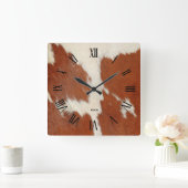 茶色と白の牛革の画像 スクエア壁時計 (ホーム)
