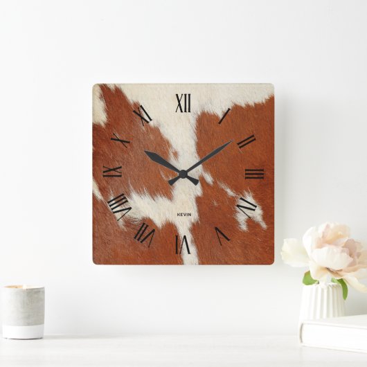 茶色と白の牛革の画像 スクエア壁時計 (ホーム)
