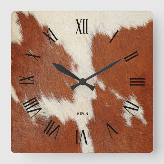 茶色と白の牛革の画像 スクエア壁時計 (正面)