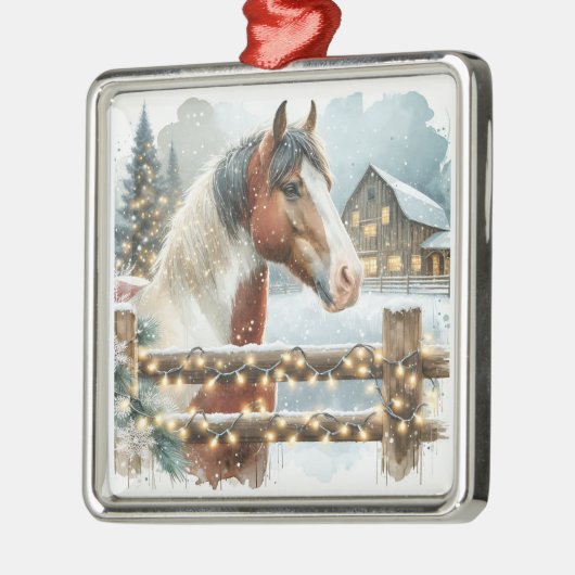 茶色と白の馬の国のクリスマス メタルオーナメント (左)