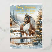 茶色と白の馬の素朴なクリスマス ゴールド 箔シーズンカード (正面)