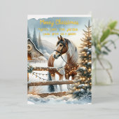 茶色と白の馬の素朴なクリスマス ゴールド 箔シーズンカード (立ち正面)