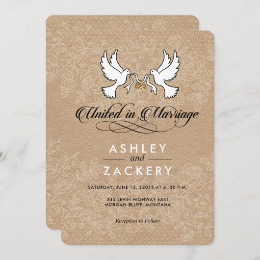茶色と白の鳩の結婚式招待状 招待状 (正面/裏面)