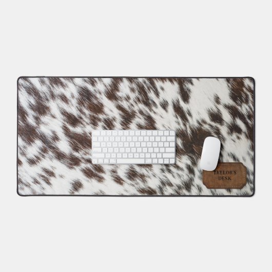 茶色と白フェイクの牛の毛皮と革 デスクマット (キーボード&マウス)