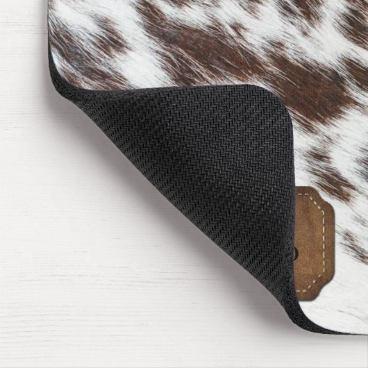 茶色と白フェイクの牛の毛皮と革 マウスパッド (コーナー)