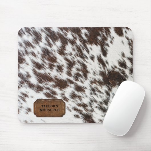 茶色と白フェイクの牛の毛皮と革 マウスパッド (マウス)