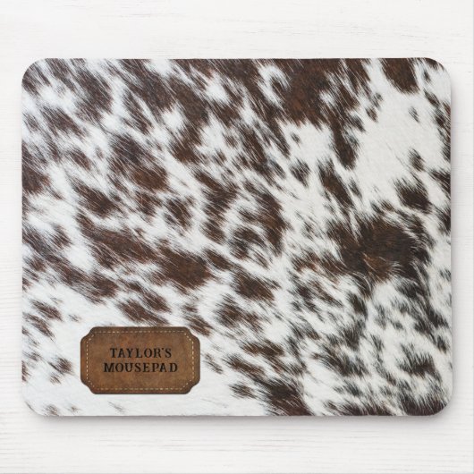 茶色と白フェイクの牛の毛皮と革 マウスパッド (正面)