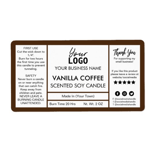 茶色と白色のコーヒーの香りがする大豆ロウソク ラベル (正面)