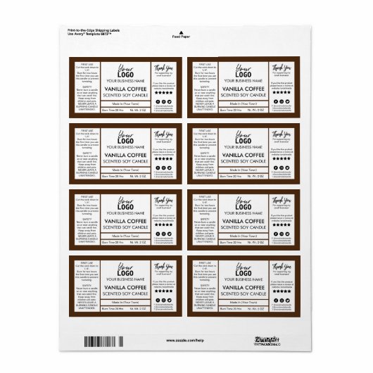 茶色と白色のコーヒーの香りがする大豆ロウソク ラベル (フルシート)