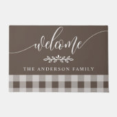 茶色と白色のバッファローチェック ウェルカム 名前入り ドアマット (正面)