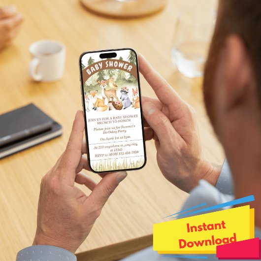 茶色と緑のウッドランド動物の赤ちゃんシャワー 招待状