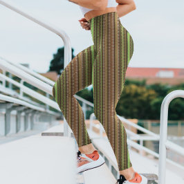 茶色と緑のトリップ（幻覚体験）のようなストライプのカッコいいサイケデリック レギンス