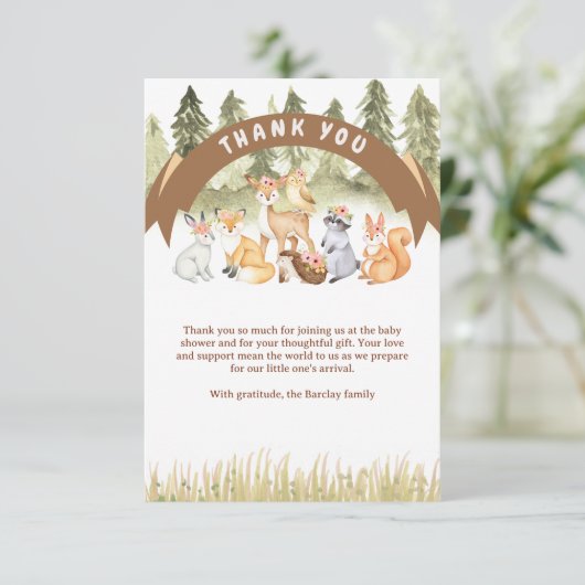 茶色と緑の森林動物の赤ちゃんシャワー サンキューカード (スタンド正面)