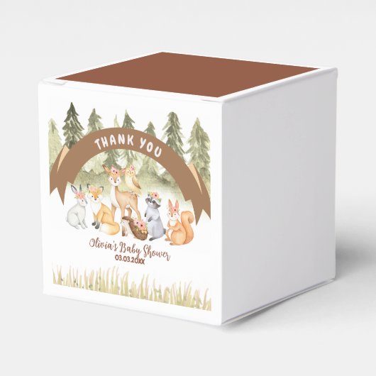 茶色と緑の森林動物の赤ちゃんシャワー フェイバーボックス (正面サイド)