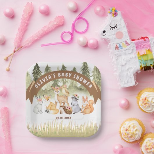 茶色と緑の森林動物の赤ちゃんシャワー ペーパープレート (パーティー)