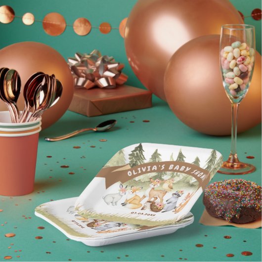 茶色と緑の森林動物の赤ちゃんシャワー ペーパープレート (複数)