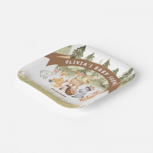 茶色と緑の森林動物の赤ちゃんシャワー ペーパープレート (傾斜あり)