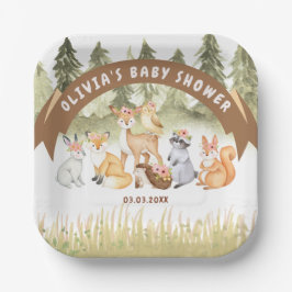 茶色と緑の森林動物の赤ちゃんシャワー ペーパープレート