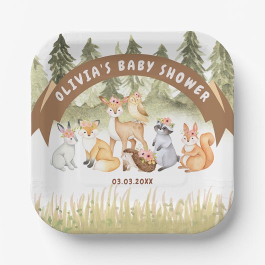 茶色と緑の森林動物の赤ちゃんシャワー ペーパープレート (正面)